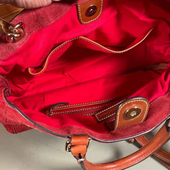 Dooney & Bourke Suede Zip Satchel Crossbody Bag Red Double Handle Pockets Footed - Picture 10 of 11